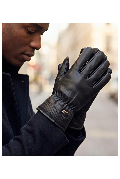 PIECE SIGNATURE Faux Leather Gloves with Fur Inside for Men