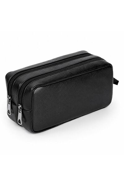 Gözde Proje Faux Leather Double Compartment Black Pencil Case