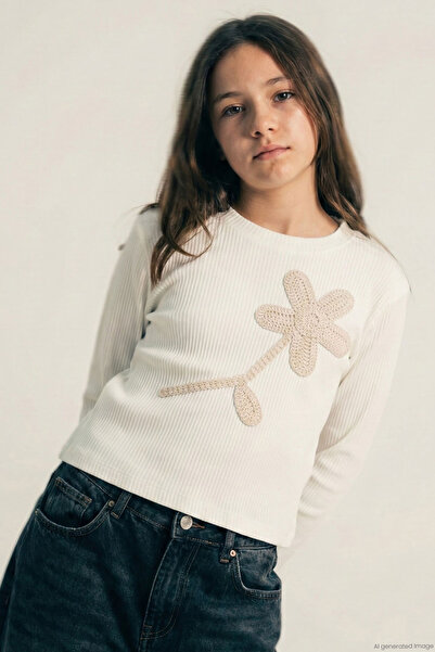 Breeze Girl's Long Sleeve T-Shirt with Knitted Floral Appliqué, Ages 6-12, Ecru