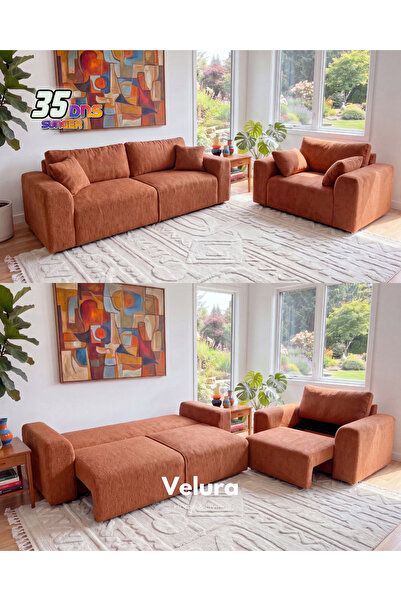 Velura Home & Living Sora 3+3+1 Yataklı ve Sandıklı Koltuk Takımı - Kiremit
