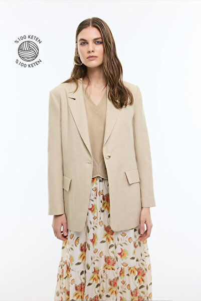 Roman %100 Keten Tek Düğmeli Blazer Ceket Bej Y2516002_024