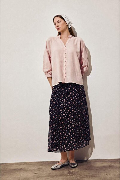 DeFacto A-Line Printed Chiffon Navy Blue Midi Skirt H8755Ax26Au