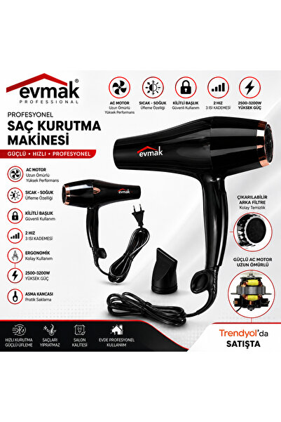 EVMAK 3200 Professional Ac Motor Saç Kurutma Fön Makinesi + 2 Fön Başlığı