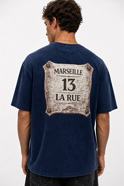 Respire Men's Marseille Printed Washed Oversize T-Shirt Navy Blue