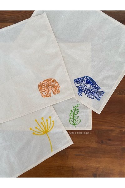 Soft Colours %100 Pamuk Yıkanabilir Baskılı Okul Beslenme Bezi / Örtüsü - 40x50 Cm (4'LÜ PAKET)