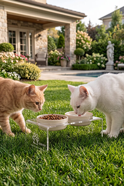 GOBYPET 2'li Seramik Dekoratif Kedi Ve Köpek Pleksi Mama & Su Kabı Paspas