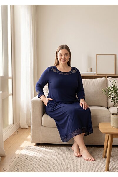 ROMEO LİFE Women's Plus Size Viscose Lycra Navy Blue Dress 7134