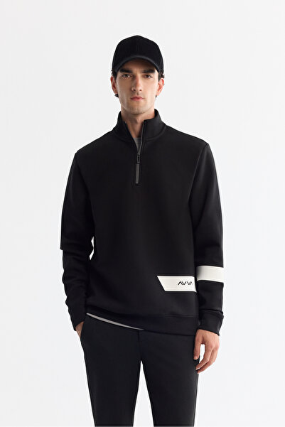 Avva Men's Black Stand Collar Cotton Printed Elastane Regular Fit Sweatshirt ...