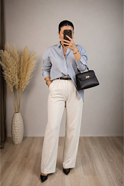 Vizon Collection İnce Çizgili Poplin Mavi Beyaz Gömlek