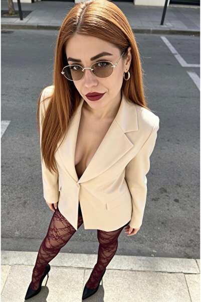 aurabutikstyle Bej Kadın Astarlı Tek Düğmeli Blazer Ceket