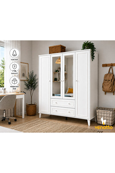 VENATTO madrid 4 kapaklı,aynalı,10 raflı,2 çekmeceli dolap/gardırop (%100mdf)