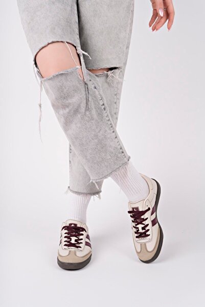 ARONA Lace-Up Unisex Sports Sneaker Shoes-Beige-Claret Red