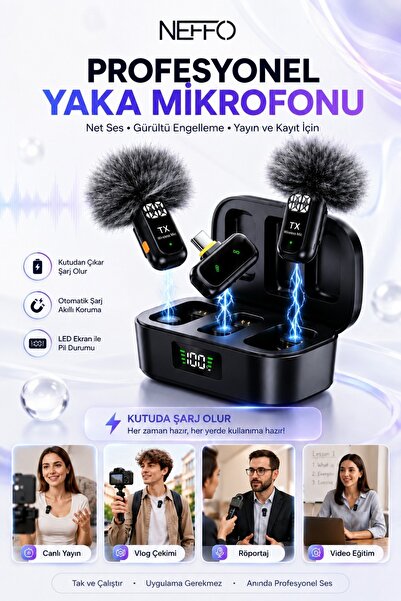 NEFFO Kablosuz Yaka Mikrofonu Type-C Şarjlı Gürültü Engellemeli Çift Mikrofon...