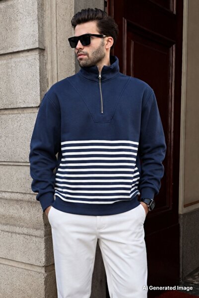Madmext Navy Blue Zipper Collar Striped Sweatshirt 7056