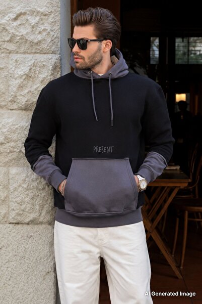 Madmext Black Hooded Printed Men's Sweatshirt with Pocket Detail 7083
