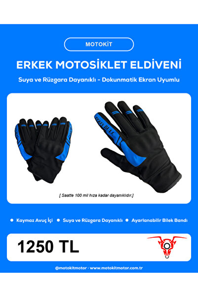 MOTOKIT Blue / Water and Wind Resistant 4 Season Men's Motorcycle Gloves + Bu...