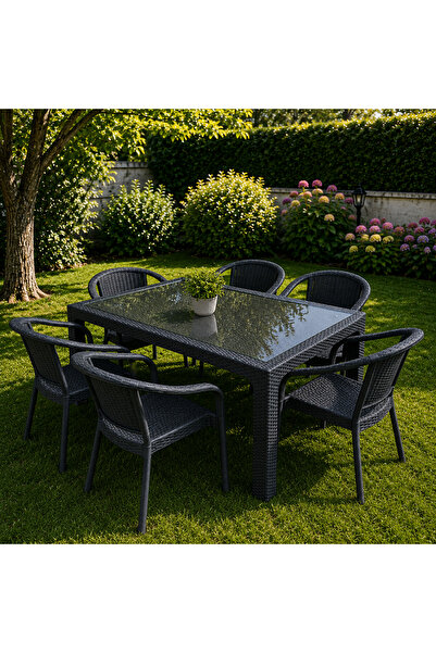 adak Bambu 90x150 Cm Camlı Rattan Bahçe Balkon Masa Takımı