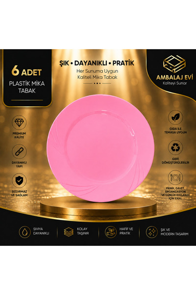 Ambalaj Evi Mica Luxury Plastic Plate Pink Mica Plate 26 cm 6 Pieces