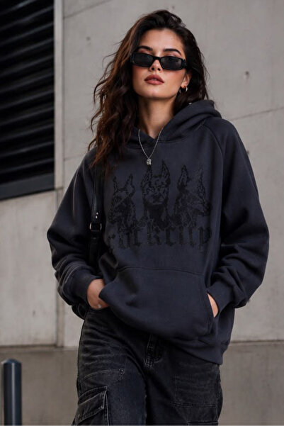 rockcity Antrasit Taşlı Kapüşonlu Oversize Sweatshirt Ünisex