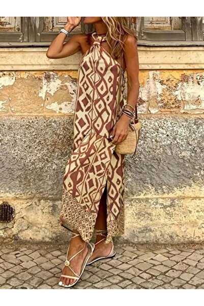 Generic Brand Women's Patterned Long Jersey Dress with Open Shoulders and Str...