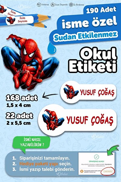 MSticker Okul Etiketi Kalem Defter Etiketi Spiderman Özel Isim Yazılabilen Et...