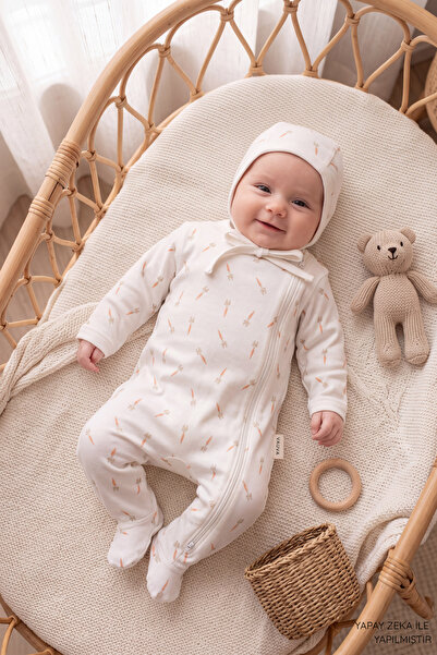 VAUVA Jumpsuit Newborn Baby Patterned 100% Cotton Jumpsuit with Hat