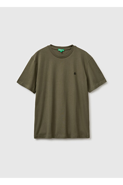 United Colors of Benetton Men's Dark Khaki 100% Cotton Logo Crew Neck T-Shirt