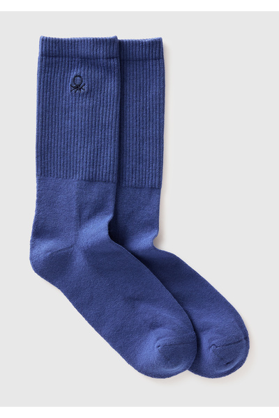 United Colors of Benetton Unisex Blue Cotton Blend Solid Color Logo Towel Socks