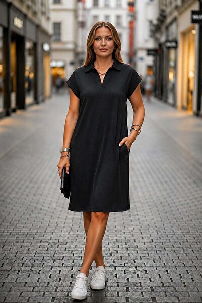 Mossta Polo Collar Pocket Detail Viscose Dress Black