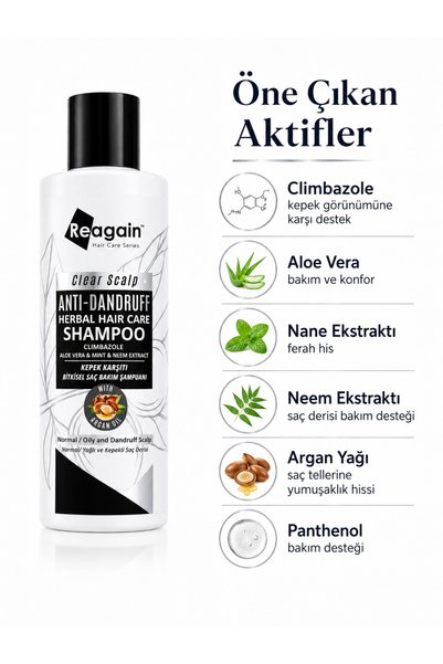 Reagain Sulfate-Free Anti-Dandruff and Anti-Frizz Herbal Shampoo - Climbazole, Mint and Keratin (Alcohol-Free) 250 ml