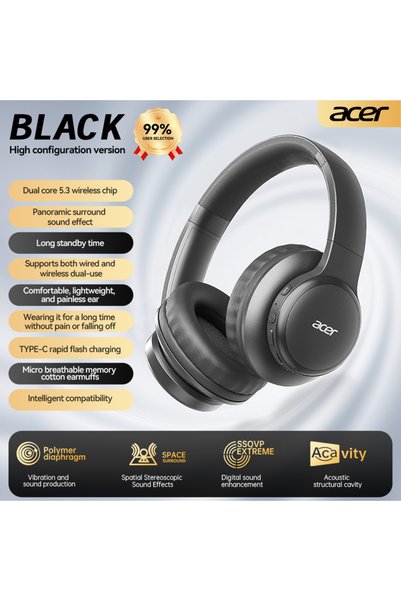 Choice1 سماعة رأس لاسلكية بلوتوث Acer Ohr559 سوداء اللون، تتميز بصوت ستيريو ع...