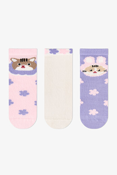 Penti Kız Çocuk Pembe Feel Better Kedi Desenli Pamuklu 3 Çift Soket Çorap