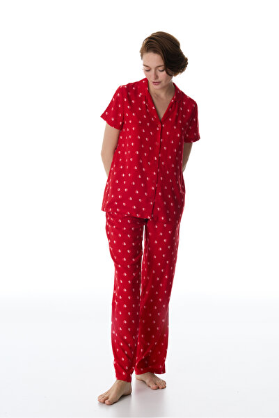 Penti Red Tiny Hearts Buttoned Shirt and Pants Pajama Set
