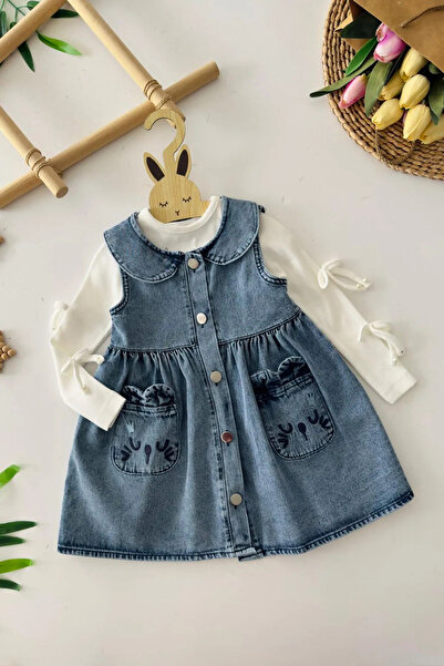 Minigimin Cicileri My Little Girl Wears a Denim Dress with Cute Embroidery De...