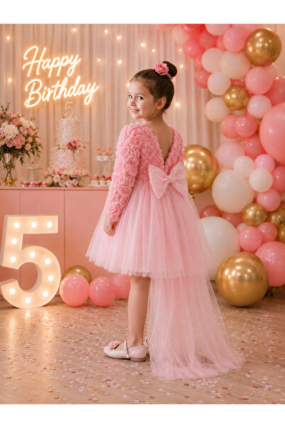 2kids2mom Baby Girl Pink Dress Long Sleeve Bowknot Birthday Party Wedding Spe...