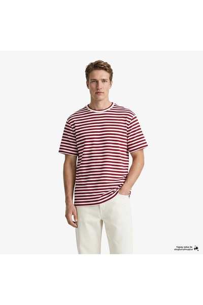 Lacoste Erkek Relaxed Fit Bisiklet Yaka Çizgili Bordo T-Shirt