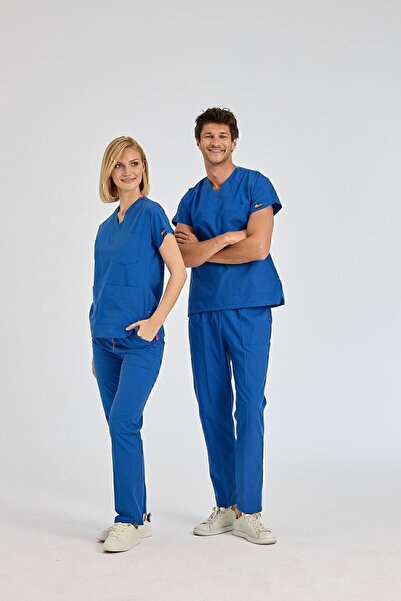 ÇİZGİ MEDİKAL Saks Mavisi Dr. Greys Doktor Hemşire Medikal Scrubs Takım Terik...