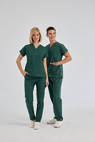 ÇİZGİ MEDİKAL Avcı Yeşili Dr. Greys Doktor Hemşire Medikal Scrubs Takım Terik...