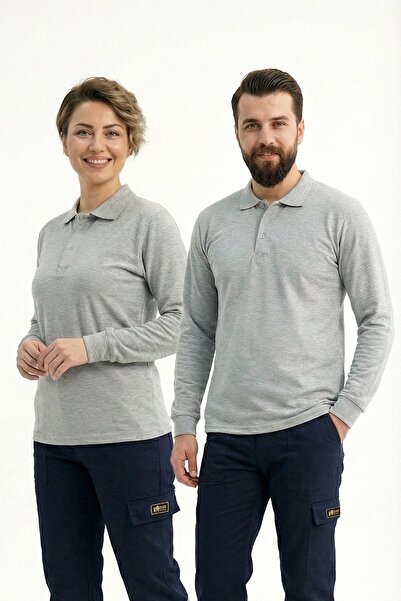 ÇİZGİ MEDİKAL Gray Melange Polo Collar Long Sleeve Work Sweatshirt Combed Cot...