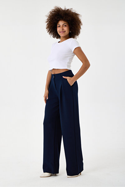 DIANNA Women's High Waist Pleated Detailed Wide-Leg Fabric Trousers