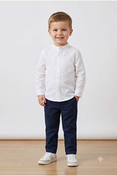 TAYO BABY Boy's White Long Sleeve Shirt with Turn-Down Collar - Folded Sleeve...