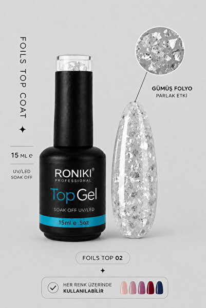 RONIKI Foils Top Coat Silver - Folyo Parçacıklı Simli Top Coat Gümüş 15ml 02