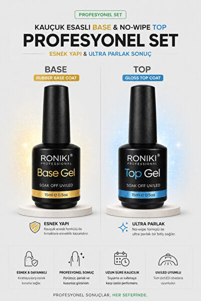 RONIKI Professional Base + Top Gel Set 15 ml | Kauçuk Esaslı Base & No-Wipe G...