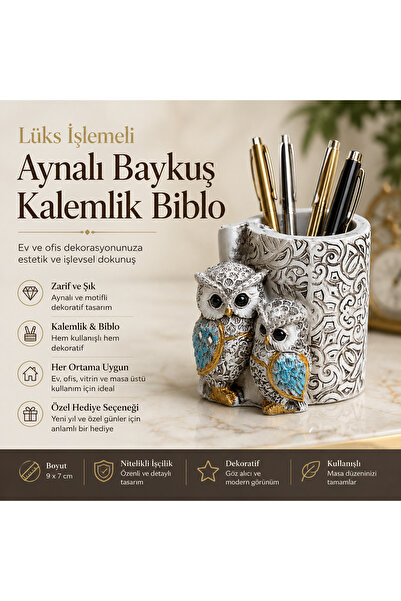 e-life shop Lüks İşlemeli Aynalı Baykuş Kalemlik Biblo Dekoratif Heykel Ev Of...