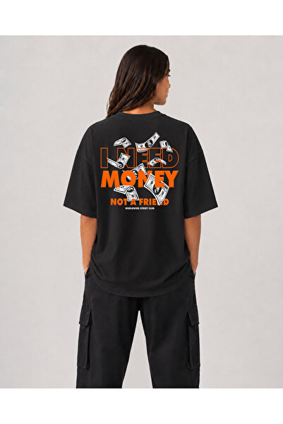 chaygoy Unisex Relaxed Fit Siyah Tişört I Need Money Ön ve Sırt Baskılı %100 Pamuk