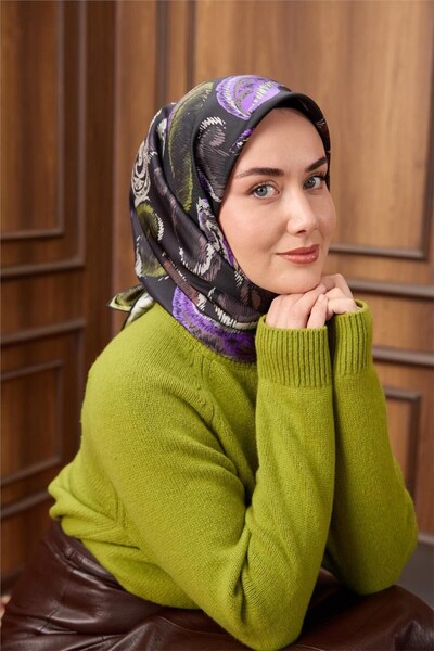 Silk Home وشاح حرير تويلي أسود بنمط فوندا مع مشبك 90x90