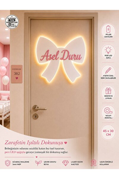 Windly Concept LED Işıklı Kişiye Özel Kurdele Kapı Süsü İsimli Bebek Odası De...
