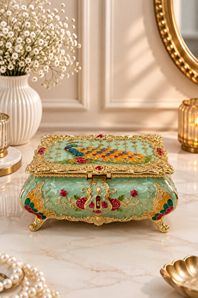 RASHA COLLECTION Peacock Patterned Mirrored Vintage Jewelry Box