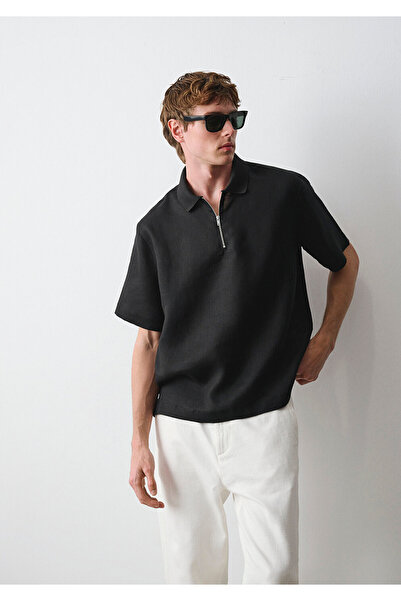 Mavi Schwarzes Leinen-T-Shirt mit Polokragen, lockerer Schnitt / bequemer Sch...