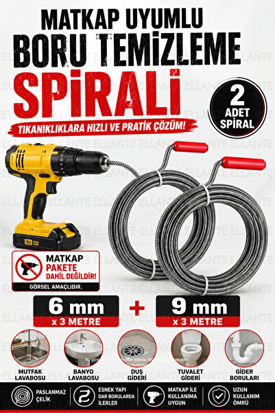 ellante Matkap Uyumlu 2'li Boru Temizleme Susta Spirali Seti 6 mm + 9 mm x 3 ...